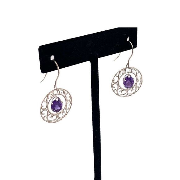 HAND CRAFTED 925 Sterling Silver Filigree Earrings Amethyst Gemstones NWT - Picture 2 of 8